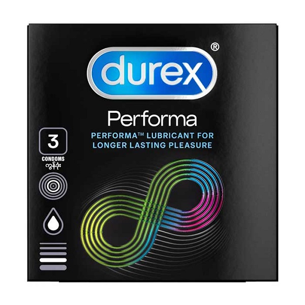 Bao cao su Durex Performa hộp 3 cái với chất bôi trơn giúp kéo dài thời gian quan hệ cùng với mùi hương dễ chịu giúp bạn thoải mái tận hưởng cuộc yêu