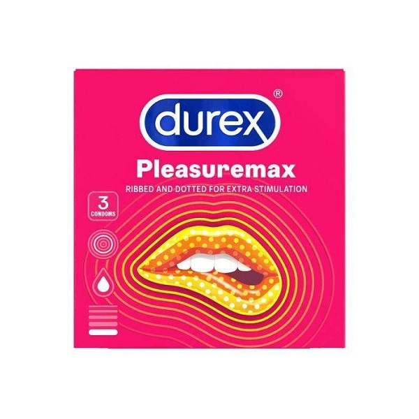 Bao cao su Durex Pleasuremax hộp 3 cái với kết cấu gân và hạt chấm nổi cùng thiết kế dễ sử dụng giúp tăng khoái cảm và kích thích mãnh liệt cho cuộc yêu.